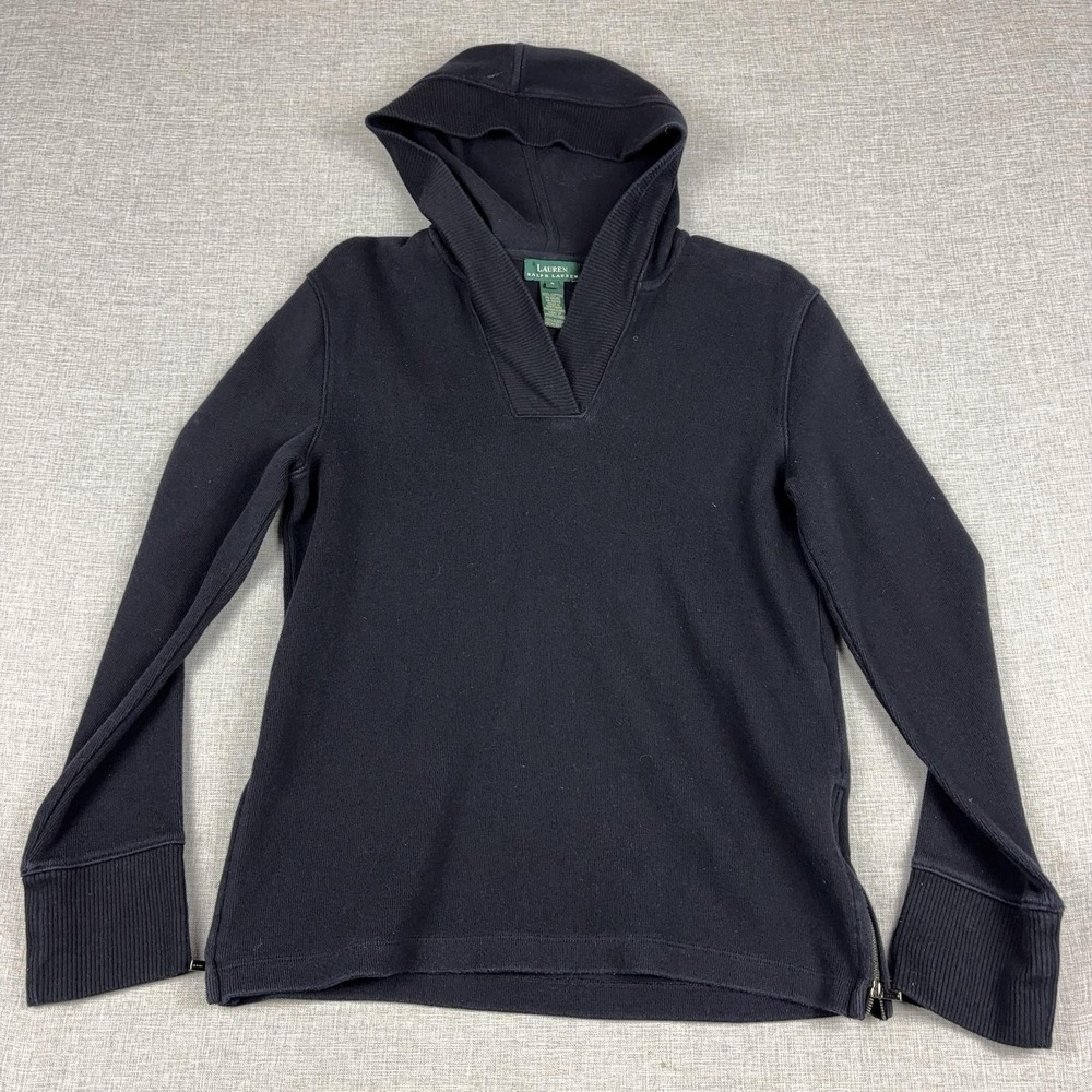 Lauren‎ Ralph Lauren Sweater Womens S Black Cotton Hooded V Neck Side Zip Knit